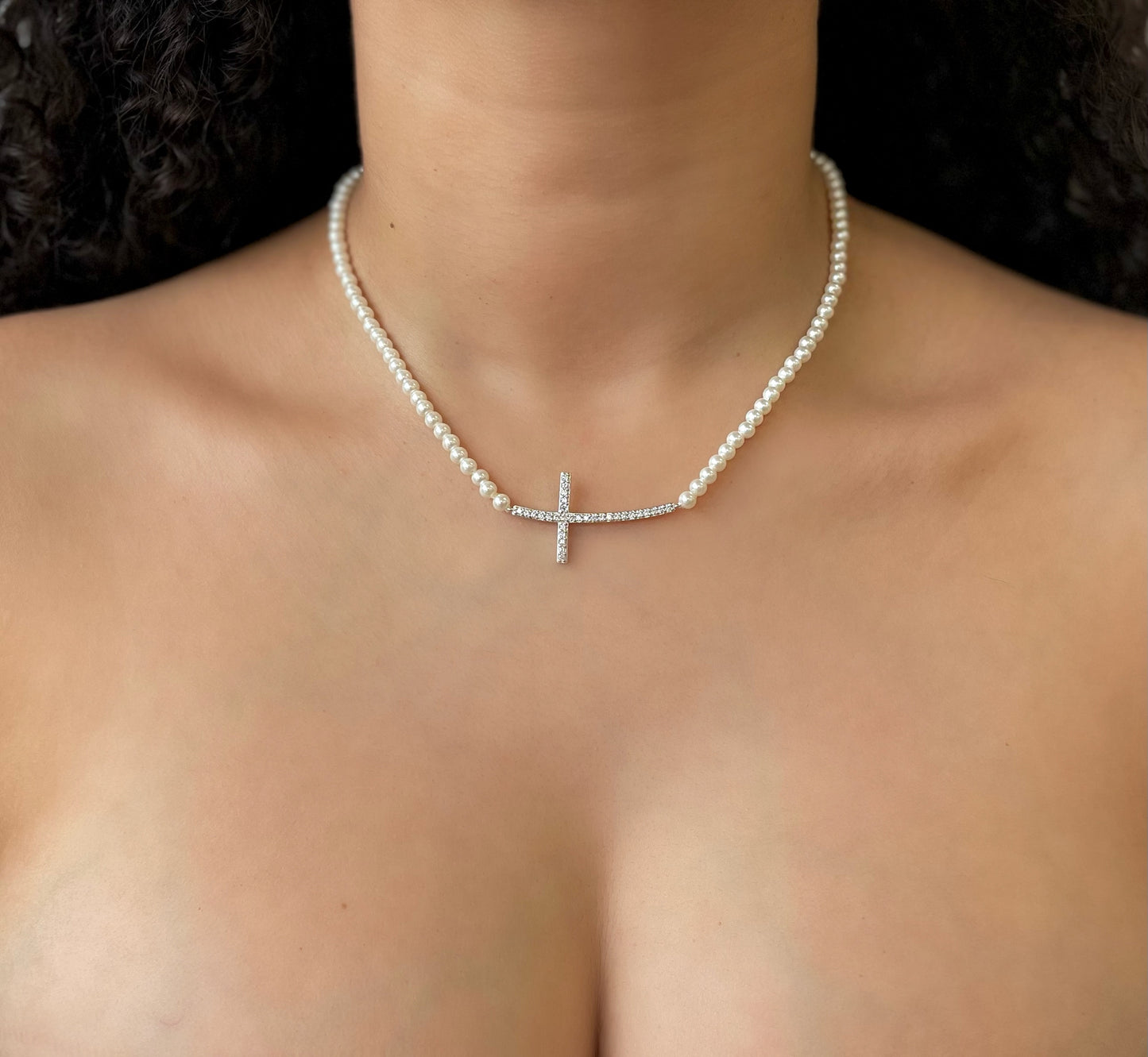 SILVER CROSS PEARL NECKLACE